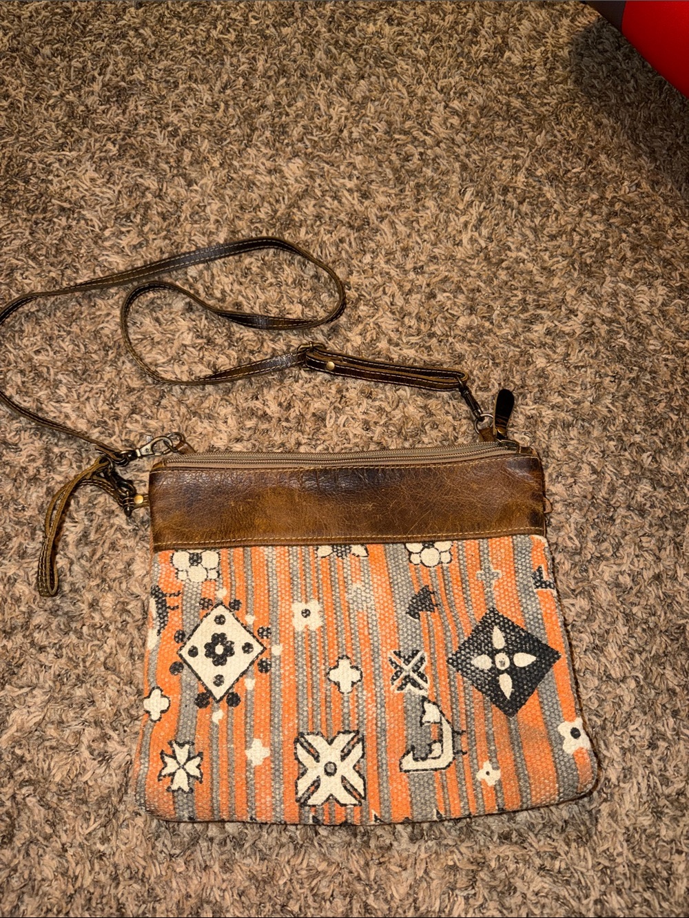 Myra Bag Orange and Gray Woven Crossbody with Brown Leather Trim
